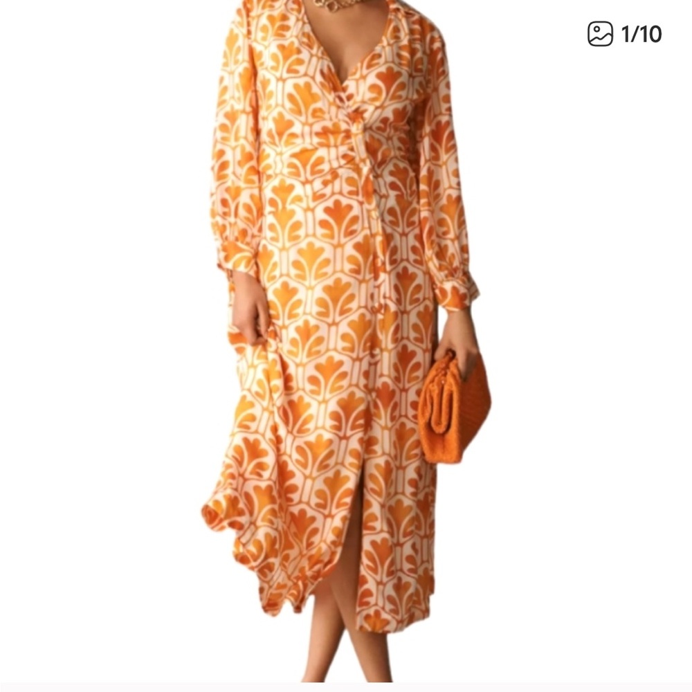 Maeve Anthropologie Orange Patterned long sleeve  Dress